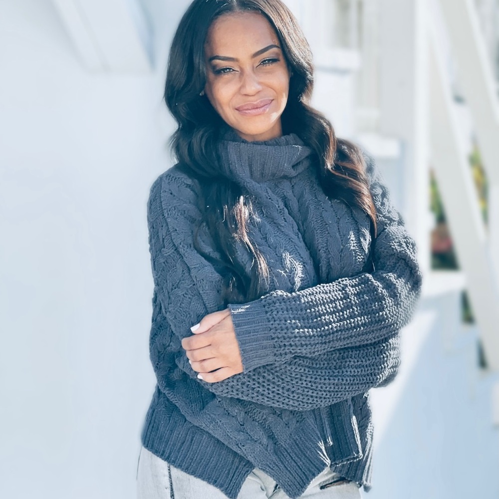 Women's Charcoal Cable Knit Turtle Neck Sweater
